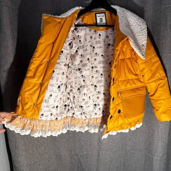 Purad Girl Yellow Puffy Jacket with Faux Sherpa Collar and Lace Trim - US Sz 12 - Picture 10 of 13